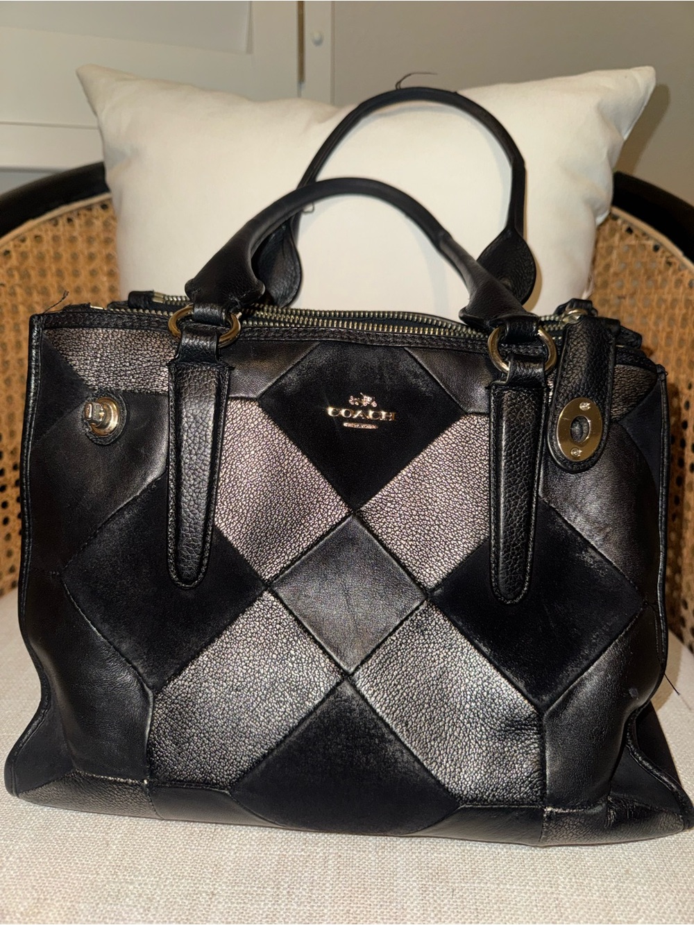 Coach Black Patchwork Leather Satchel with Gold Hardware